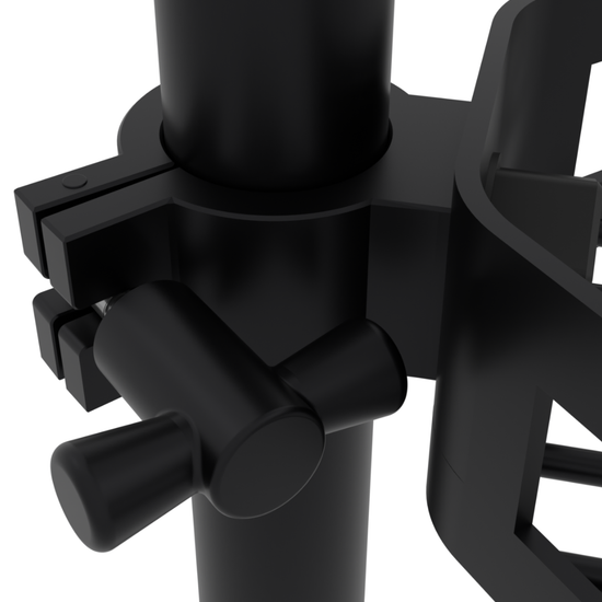 Close-up of black shelf clamp attached to a bathroom tension pole