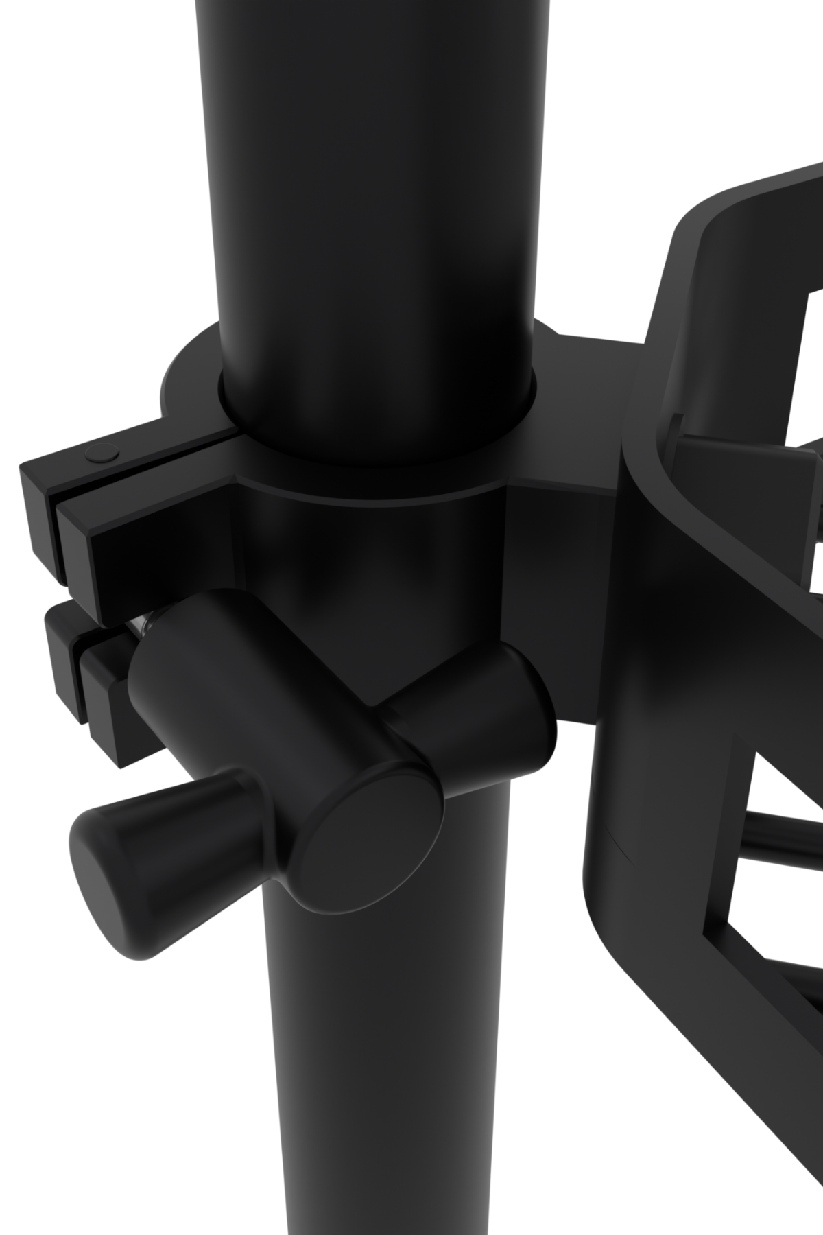 Close-up of black shelf clamp attached to a bathroom tension pole