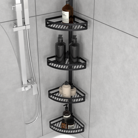 Black bathroom tension pole shelf installed in a bathtub corner