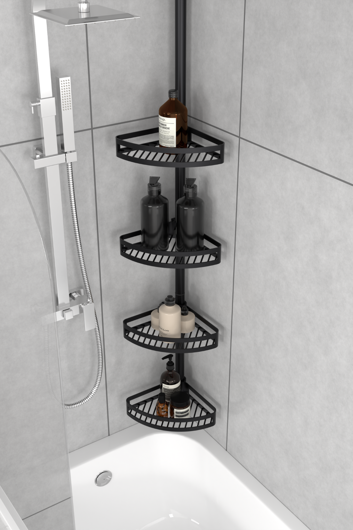 Black bathroom tension pole shelf installed in a bathtub corner