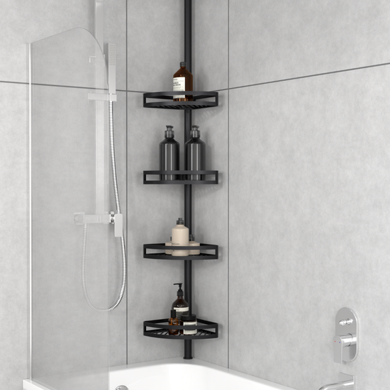 Black bathroom tension pole shelf installed in a bathtub corner setup