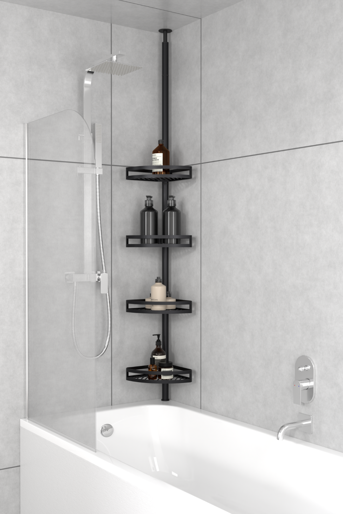 Black bathroom tension pole shelf installed in a bathtub corner setup
