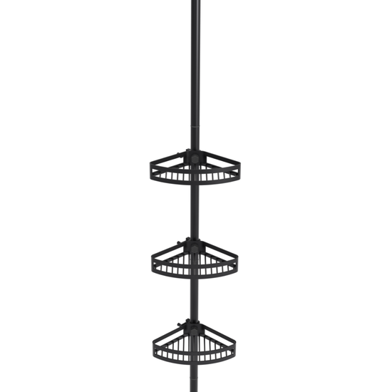 Black bathroom tension pole shelf with four adjustable corner shelves