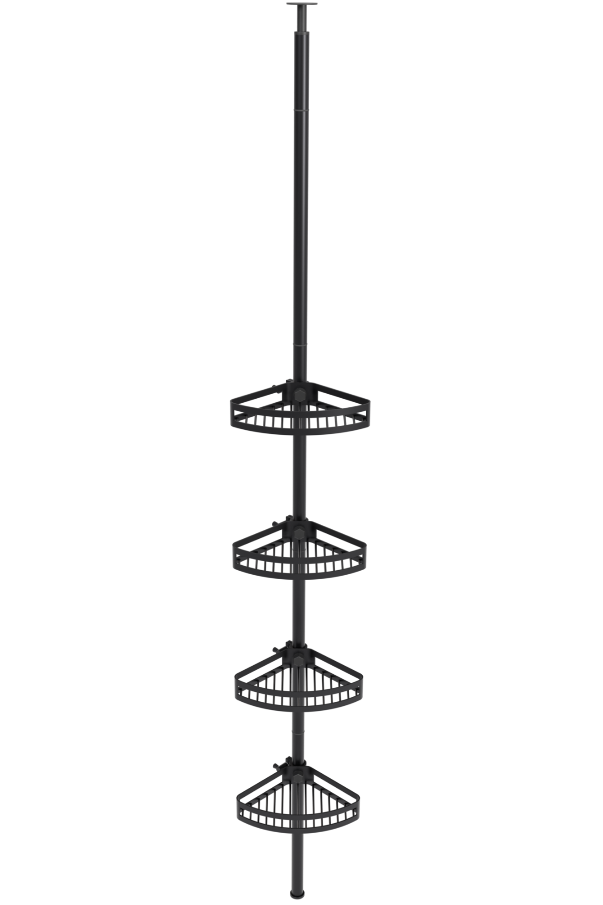 Black bathroom tension pole shelf with four adjustable corner shelves