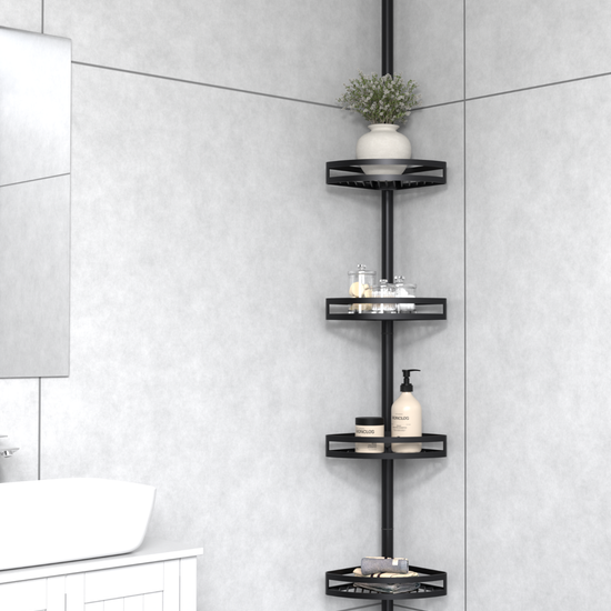 Black bathroom tension pole shelf installed in a shower corner