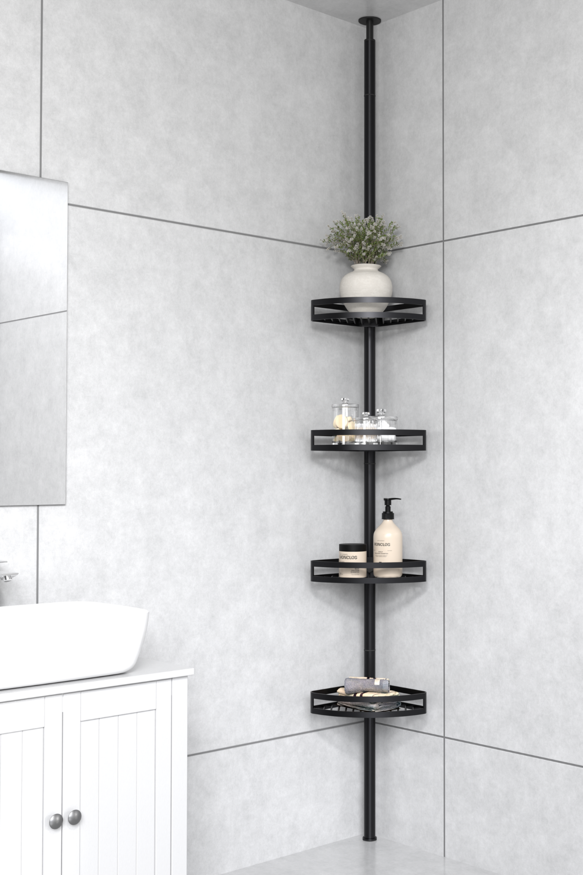 Black bathroom tension pole shelf installed in a shower corner