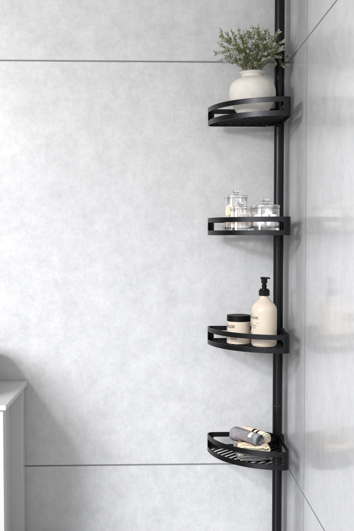 Black bathroom tension pole shelf installed in a tiled shower corner