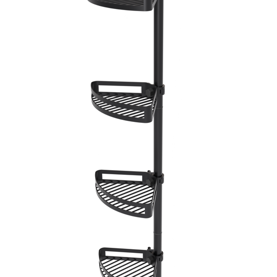 Black bathroom tension pole shelf side view with adjustable corner shelves