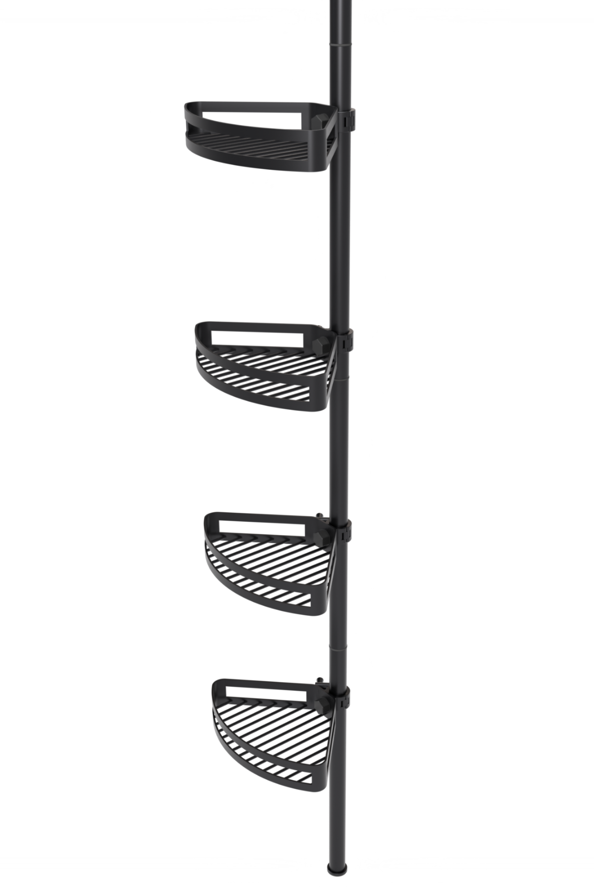 Black bathroom tension pole shelf side view with adjustable corner shelves
