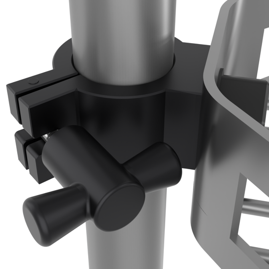 Close-up of brush shelf clamp attached to a bathroom tension pole