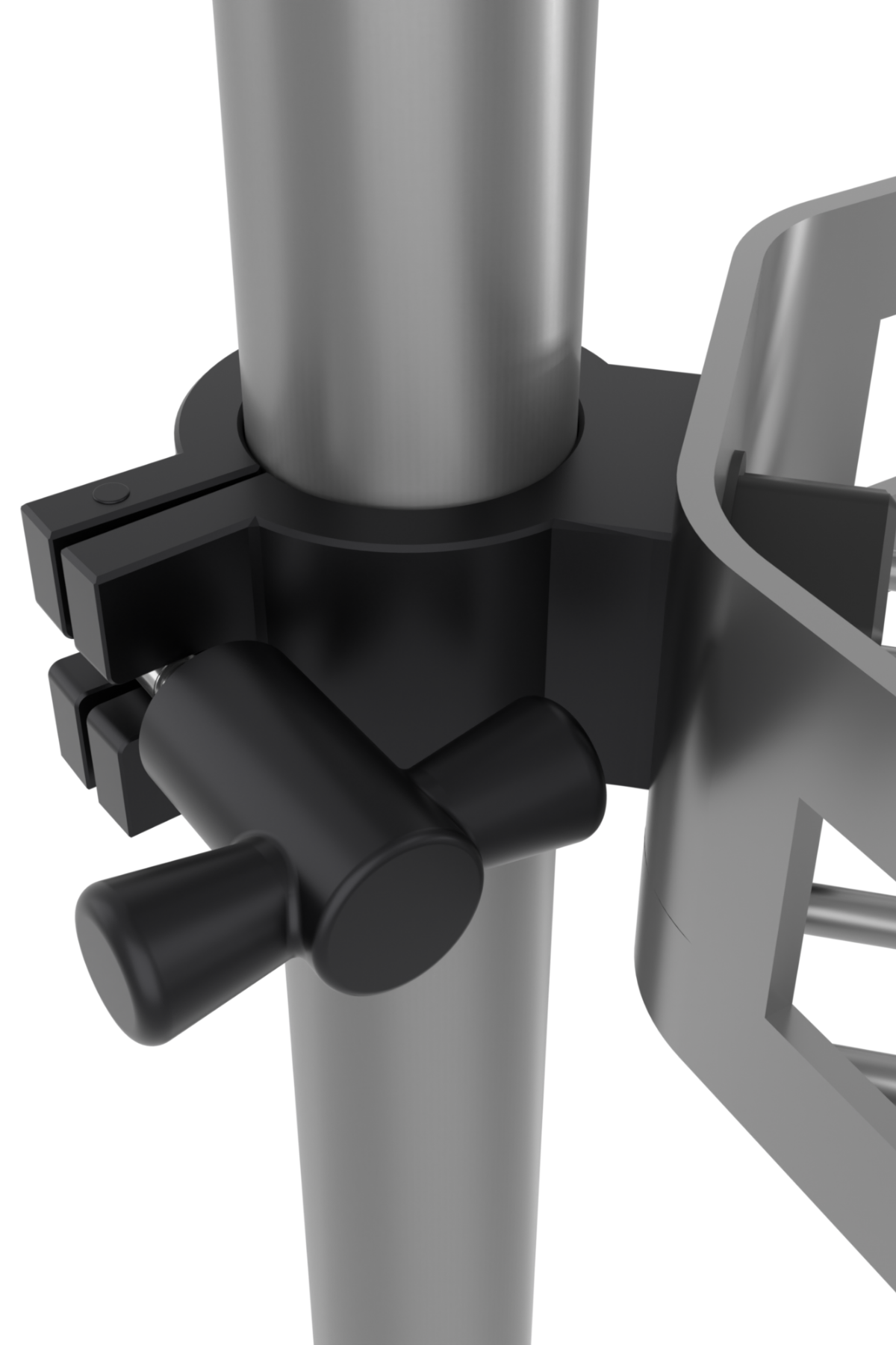 Close-up of brush shelf clamp attached to a bathroom tension pole