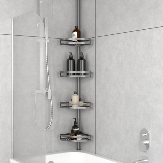 Brush bathroom tension pole shelf installed in a bathtub corner