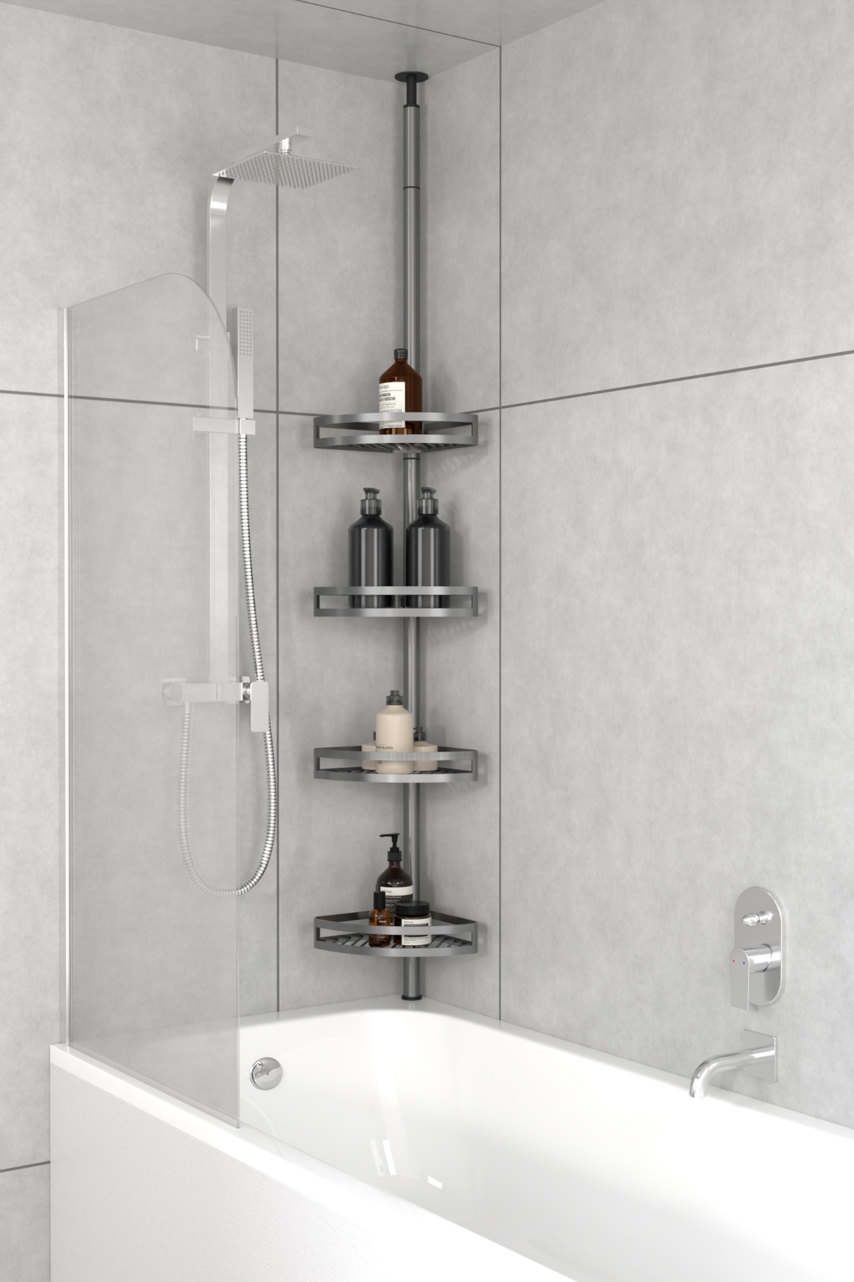 Brush bathroom tension pole shelf installed in a bathtub corner