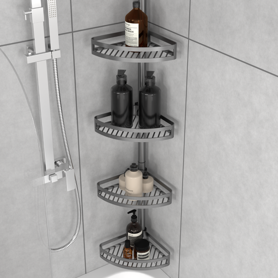Brush bathroom tension pole shelf installed in a bathtub corner setup