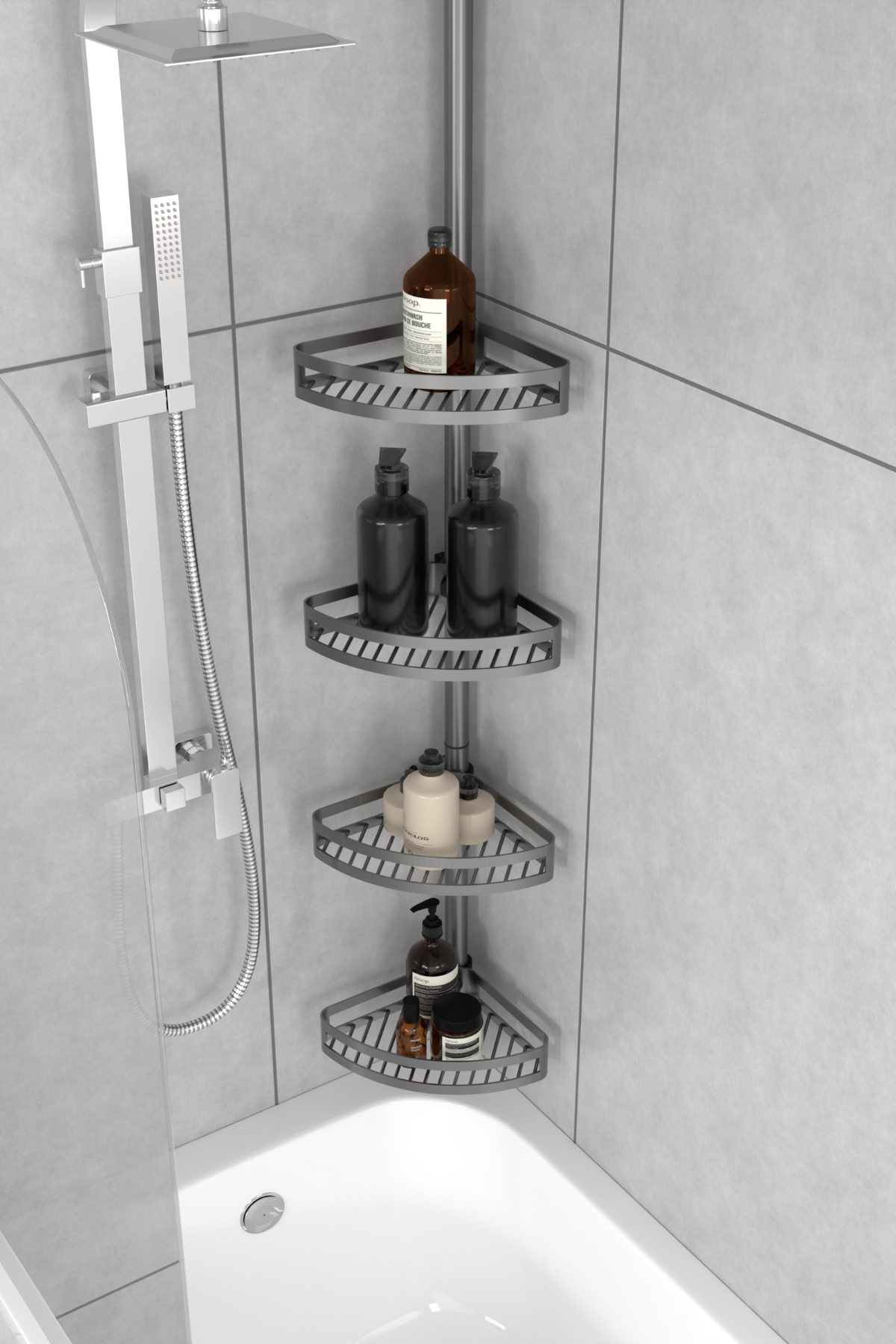 Brush bathroom tension pole shelf installed in a bathtub corner setup