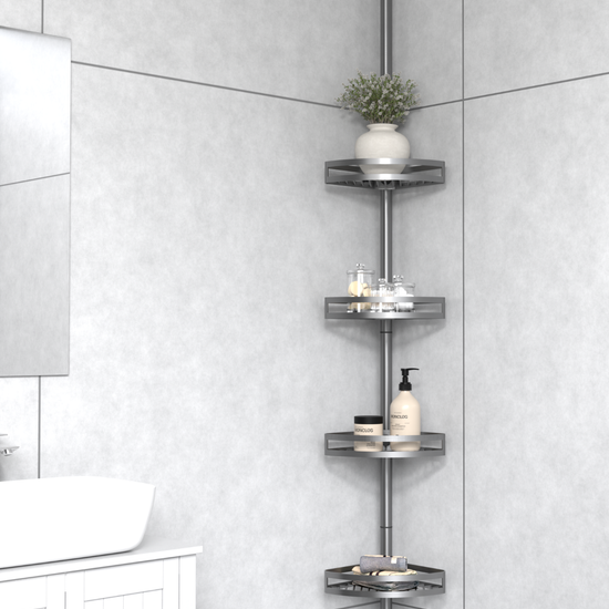 Brush bathroom tension pole shelf installed in a shower corner