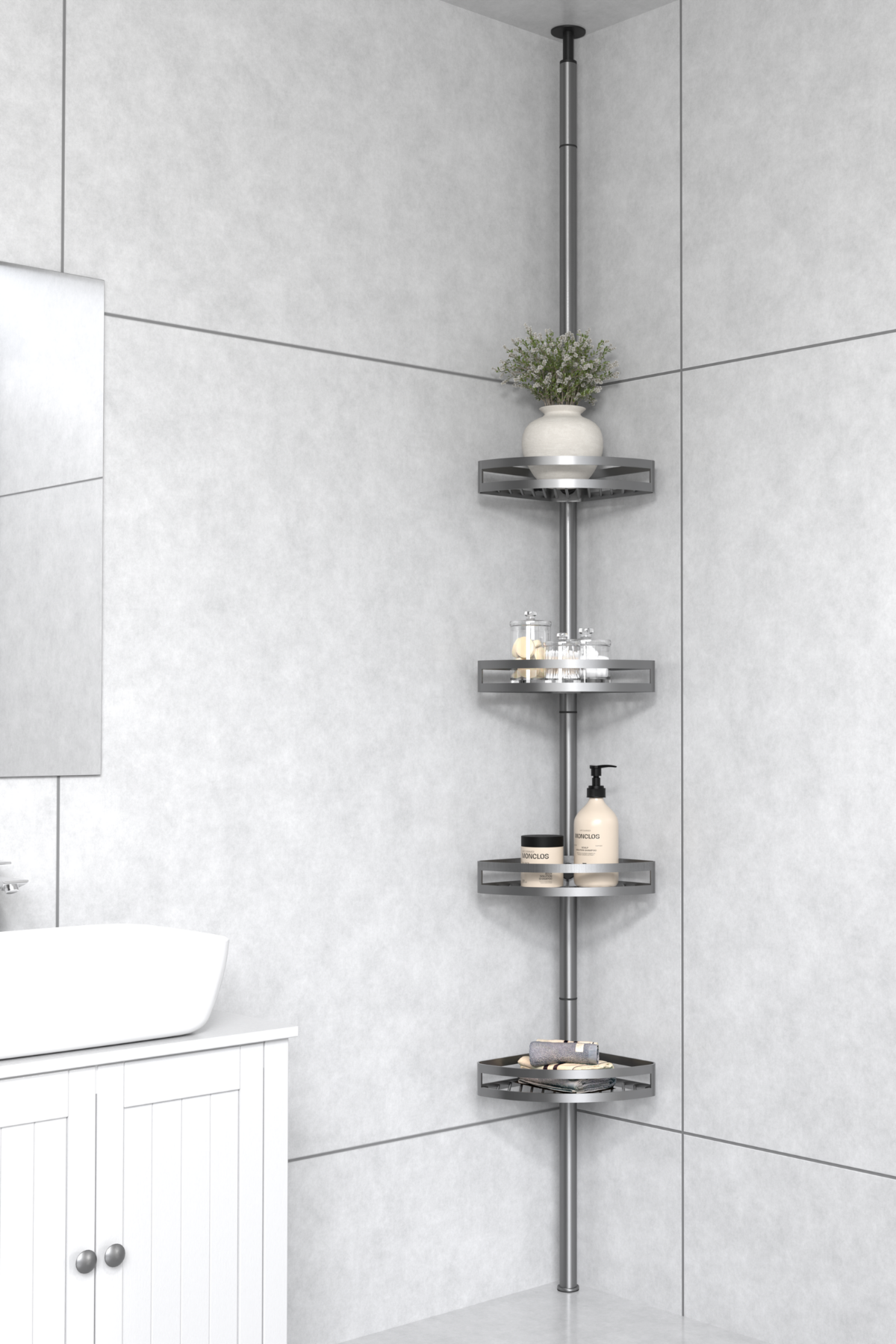 Brush bathroom tension pole shelf installed in a shower corner