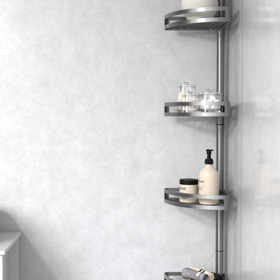 Brush bathroom tension pole shelf installed in a tiled shower corner