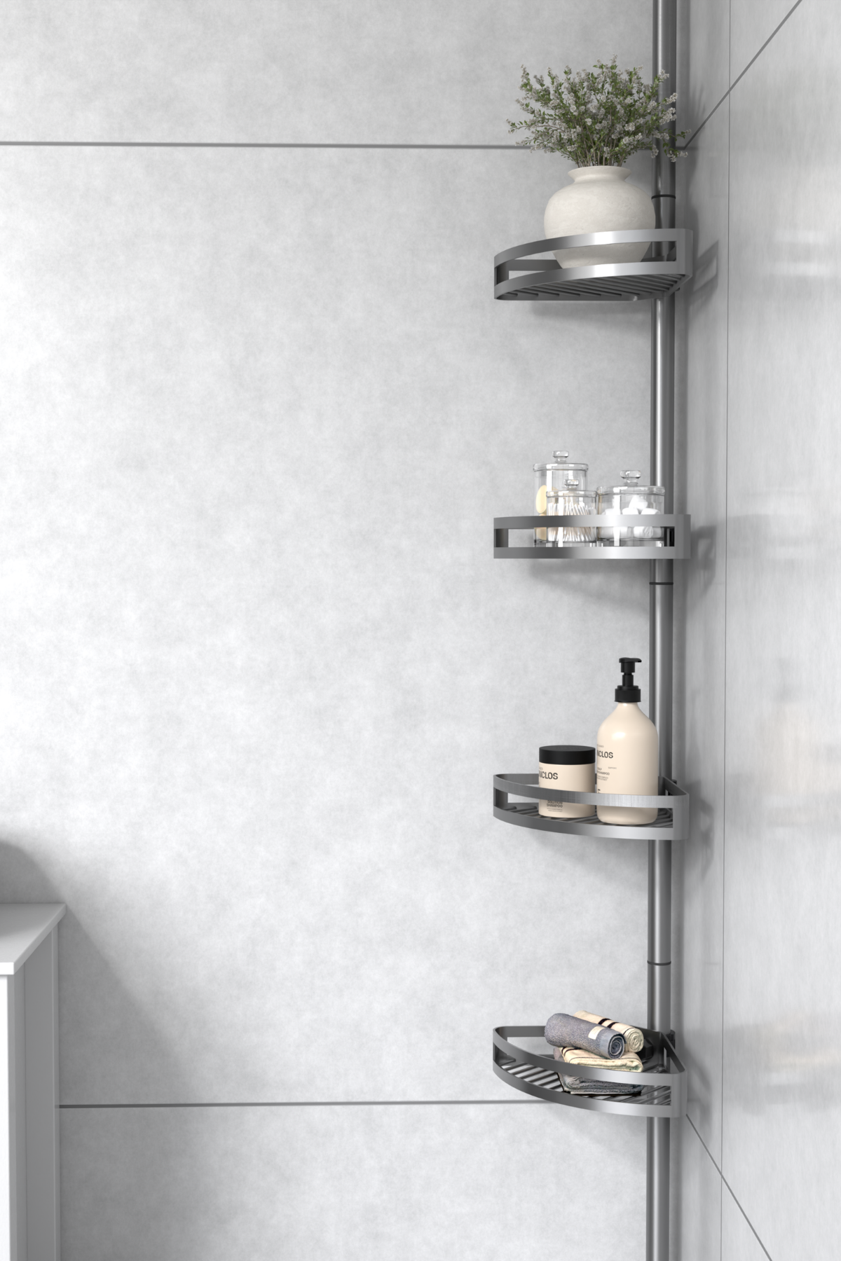 Brush bathroom tension pole shelf installed in a tiled shower corner
