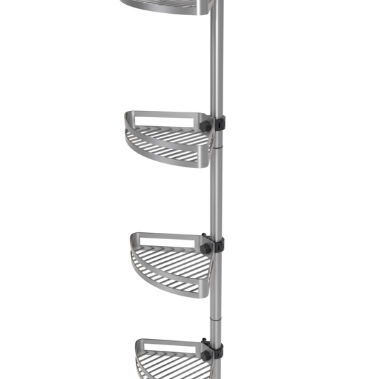 Brush bathroom tension pole shelf side view with adjustable corner shelves