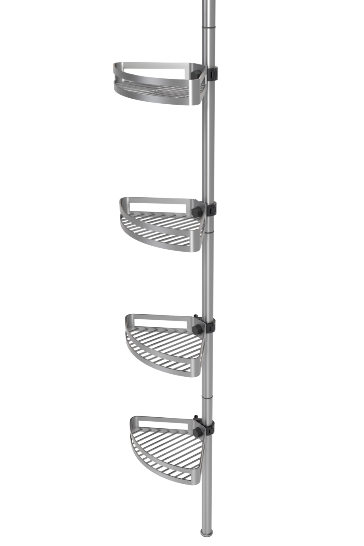 Brush bathroom tension pole shelf side view with adjustable corner shelves