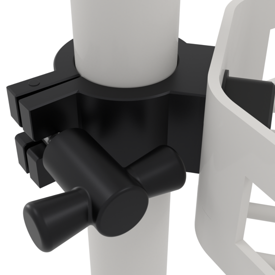 Close-up of white shelf clamp attached to a bathroom tension pole