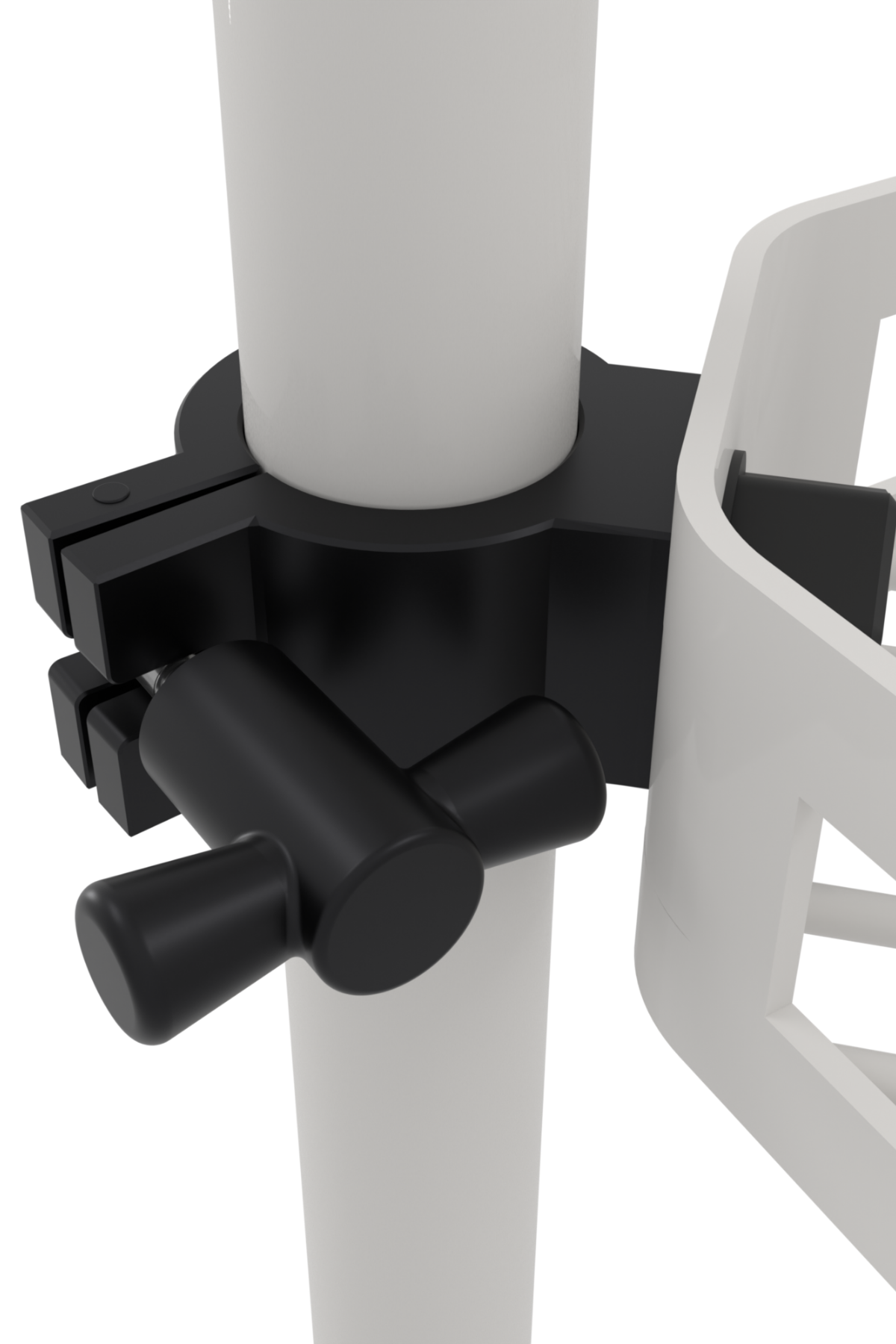 Close-up of white shelf clamp attached to a bathroom tension pole
