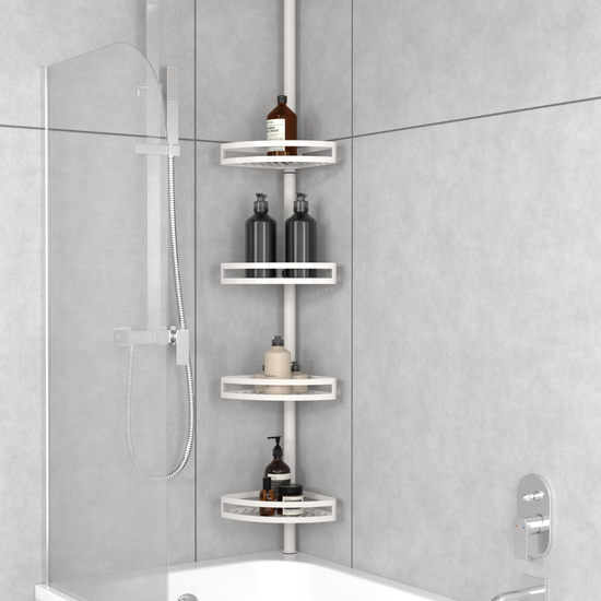 White bathroom tension pole shelf installed in a bathtub corner