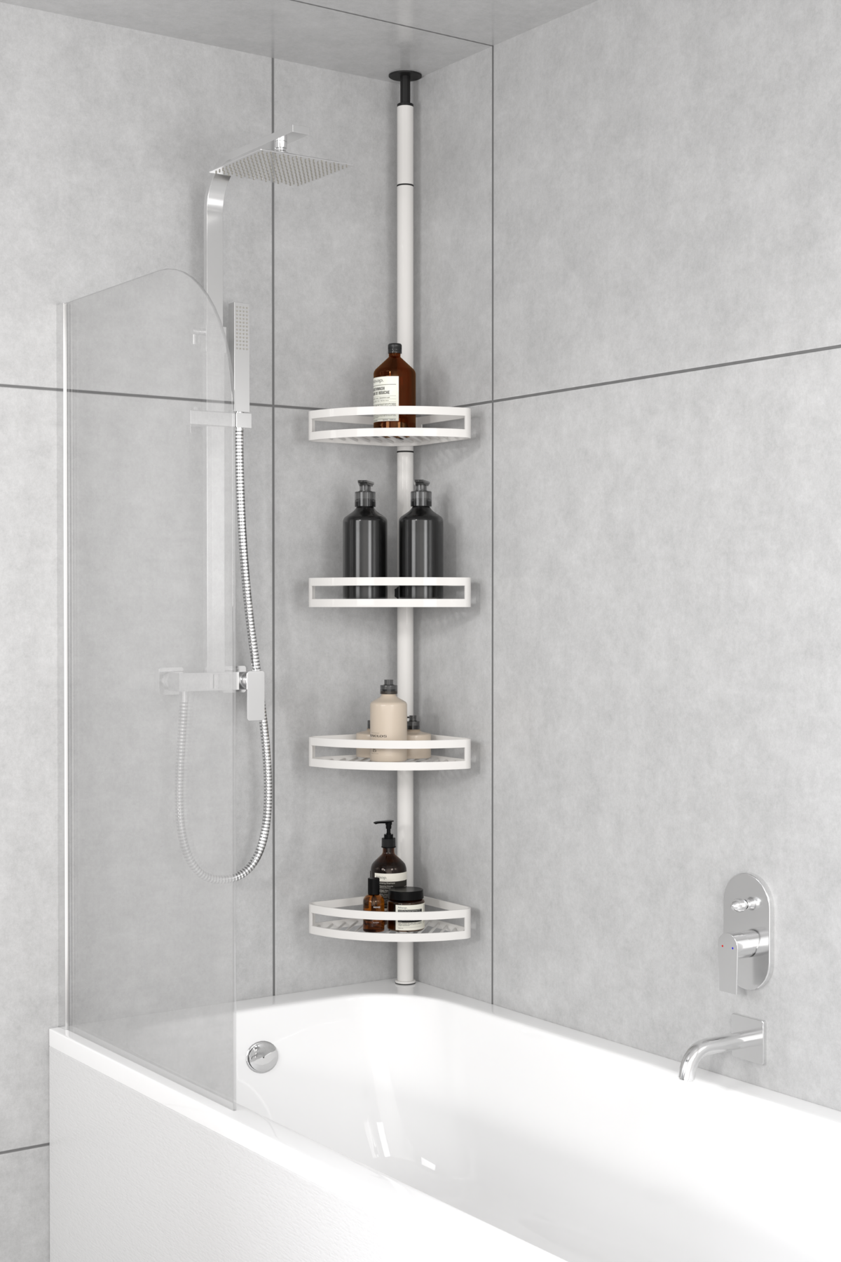 White bathroom tension pole shelf installed in a bathtub corner