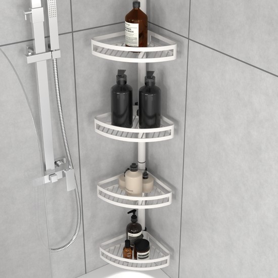 White bathroom tension pole shelf installed in a bathtub corner setup