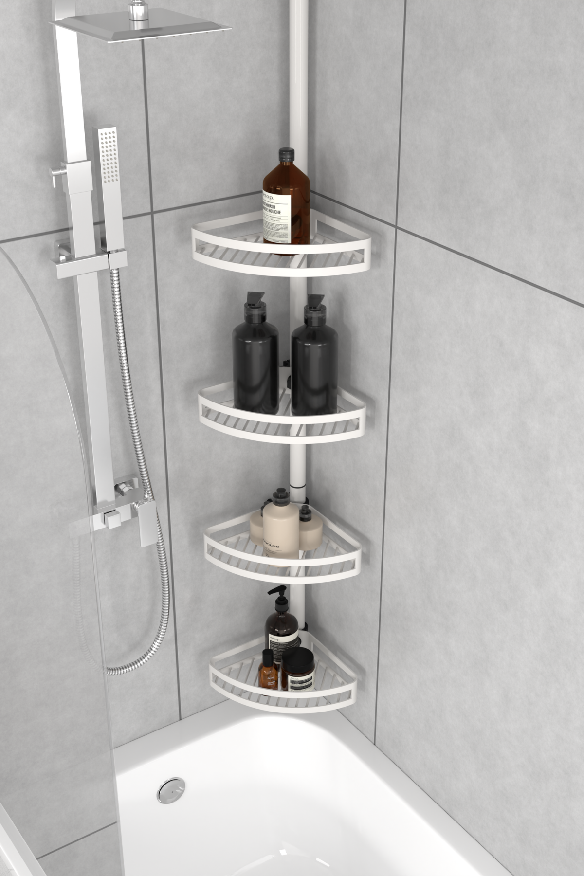 White bathroom tension pole shelf installed in a bathtub corner setup