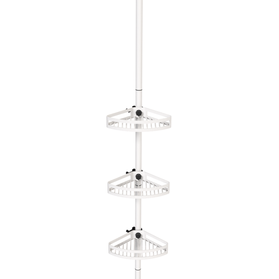 White bathroom tension pole shelf with four adjustable corner shelves