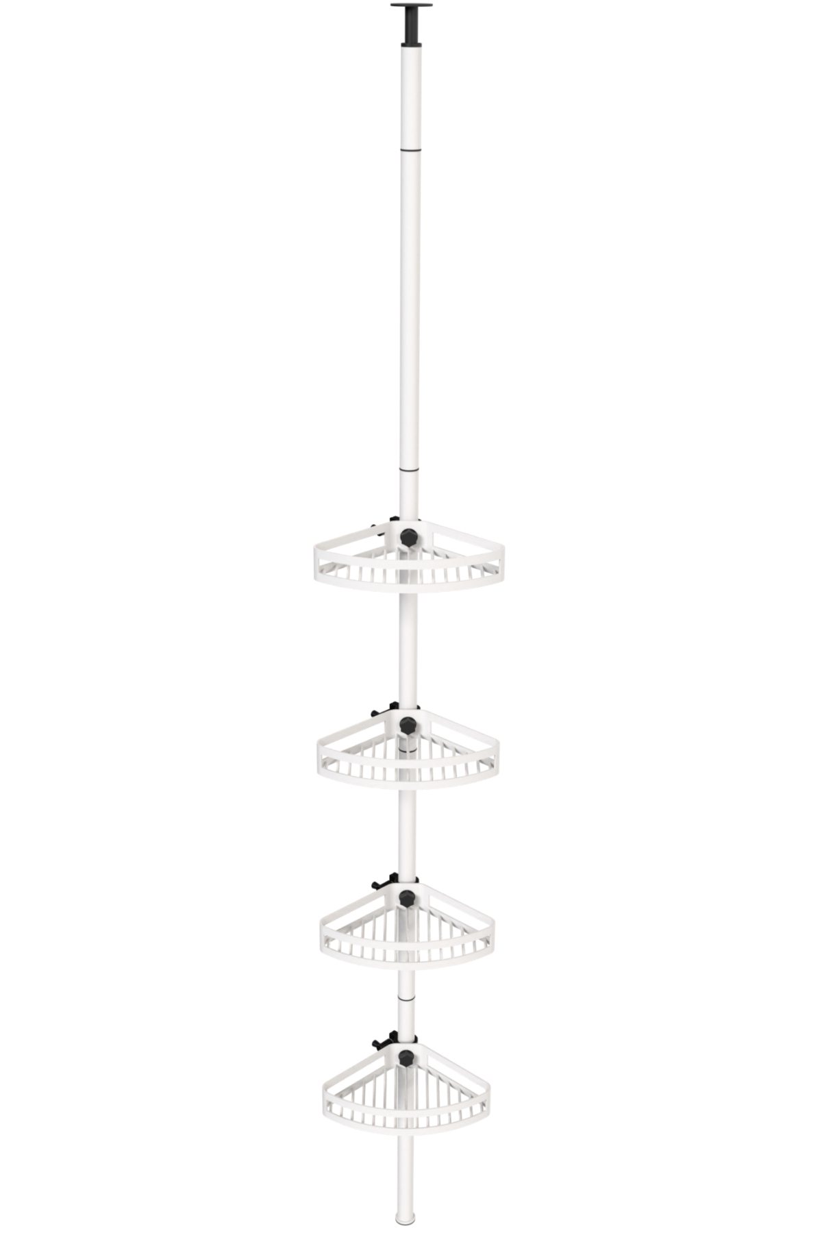 White bathroom tension pole shelf with four adjustable corner shelves