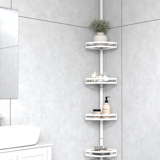 White bathroom tension pole shelf installed in a shower corner