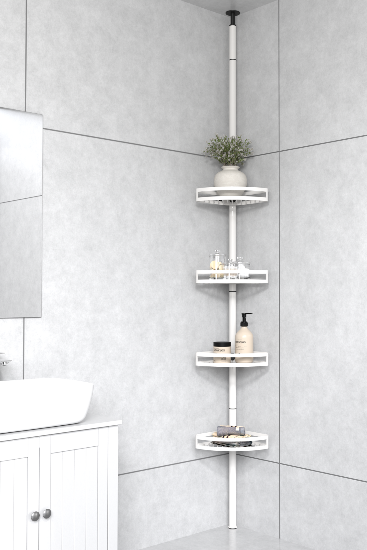 White bathroom tension pole shelf installed in a shower corner