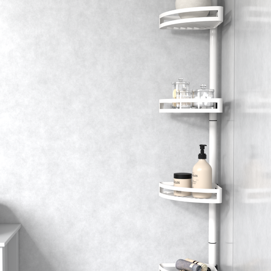 White bathroom tension pole shelf installed in a tiled shower corner