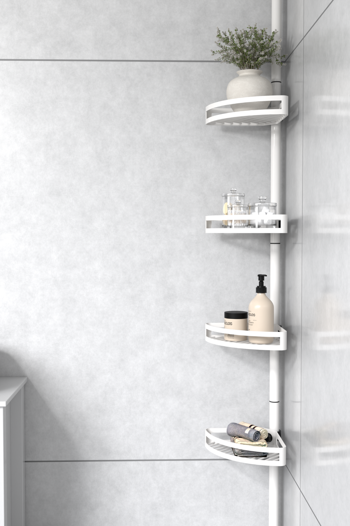 White bathroom tension pole shelf installed in a tiled shower corner
