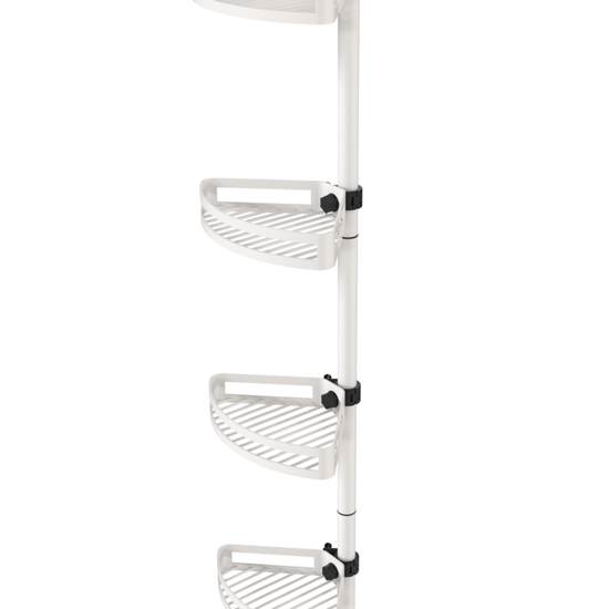 White bathroom tension pole shelf side view with adjustable corner shelves