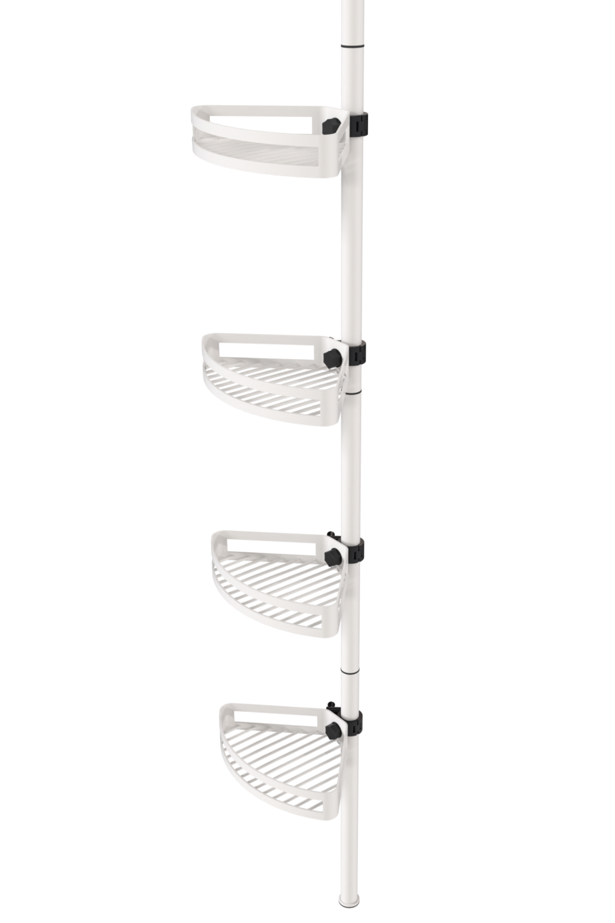 White bathroom tension pole shelf side view with adjustable corner shelves